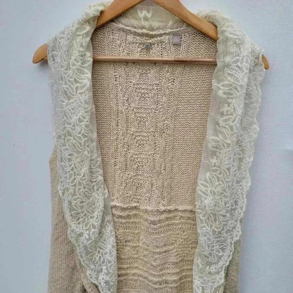 Anthropologie Knitted & Knitted Cream Open Front Cardigan lace Trim Size XS - Picture 2 of 8